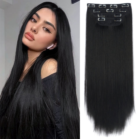 Qp hairMONIXI 4Pcs/Set 20&quot; Synthetic Hairpiece  Long Straight Hair Extensions Clips in High Temperature Fiber Black Brown Hairpiece