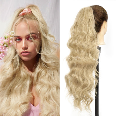Qp hairMONIXI Long Blonde Synthetic Ponytail Body Wavy Drawstring Ponytail for Women Black Brown Ponytail Hair Clip In Extensions