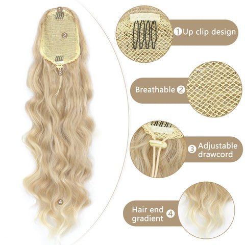 Qp hairMONIXI Long Blonde Synthetic Ponytail Body Wavy Drawstring Ponytail for Women Black Brown Ponytail Hair Clip In Extensions