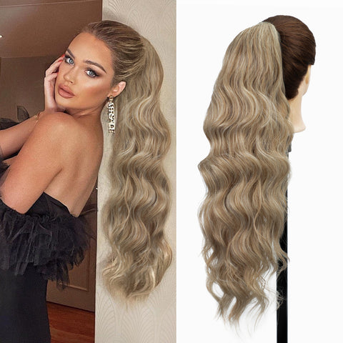 Qp hairMONIXI Long Blonde Synthetic Ponytail Body Wavy Drawstring Ponytail for Women Black Brown Ponytail Hair Clip In Extensions