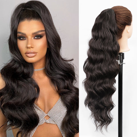Qp hairMONIXI Long Blonde Synthetic Ponytail Body Wavy Drawstring Ponytail for Women Black Brown Ponytail Hair Clip In Extensions