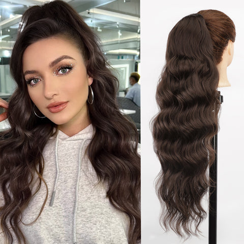 Qp hairMONIXI Long Blonde Synthetic Ponytail Body Wavy Drawstring Ponytail for Women Black Brown Ponytail Hair Clip In Extensions