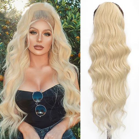 Qp hairMONIXI Long Blonde Synthetic Ponytail Body Wavy Drawstring Ponytail for Women Black Brown Ponytail Hair Clip In Extensions
