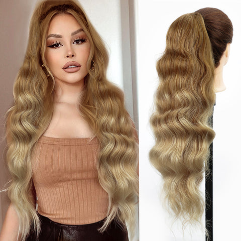 Qp hairMONIXI Long Blonde Synthetic Ponytail Body Wavy Drawstring Ponytail for Women Black Brown Ponytail Hair Clip In Extensions