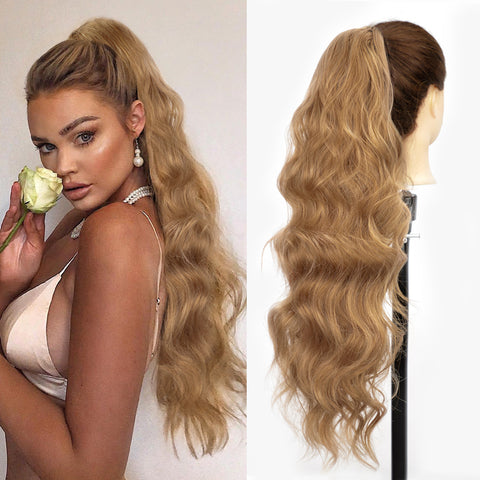 Qp hairMONIXI Long Blonde Synthetic Ponytail Body Wavy Drawstring Ponytail for Women Black Brown Ponytail Hair Clip In Extensions