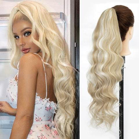 Qp hairMONIXI Long Blonde Synthetic Ponytail Body Wavy Drawstring Ponytail for Women Black Brown Ponytail Hair Clip In Extensions