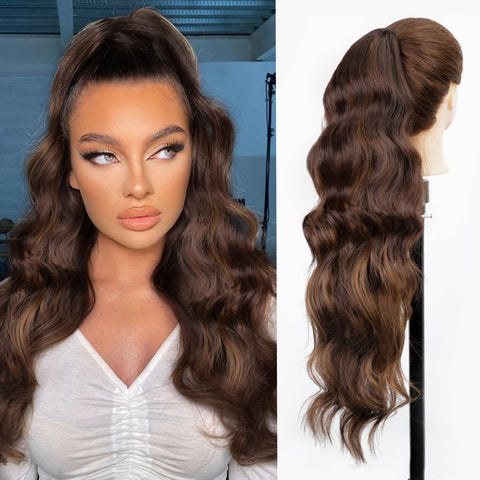 Qp hairMONIXI Long Blonde Synthetic Ponytail Body Wavy Drawstring Ponytail for Women Black Brown Ponytail Hair Clip In Extensions