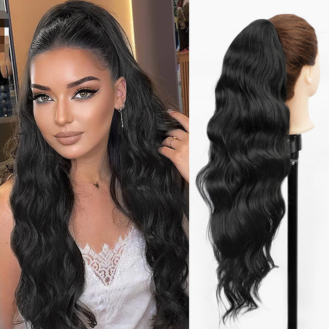 Qp hairMONIXI Long Blonde Synthetic Ponytail Body Wavy Drawstring Ponytail for Women Black Brown Ponytail Hair Clip In Extensions