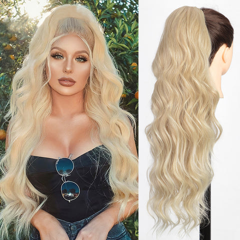 Qp hairMONIXI Long Blonde Synthetic Ponytail Body Wavy Drawstring Ponytail for Women Black Brown Ponytail Hair Clip In Extensions