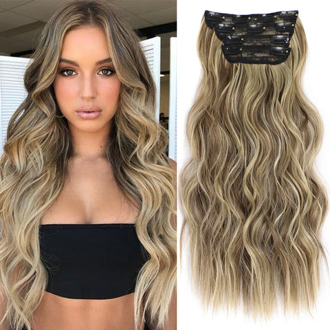 Qp hairMONIXI Long Blonde Wavy 4PCS Thick Hairpieces Clip in Synthetic Hair Extensions  Natural Hair Extensions 20 Inch for Women