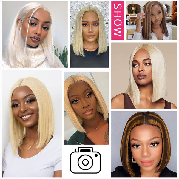 Qp hairMONIXI Short Sytnthetic Hightlight Wig Straight Bob Wigs for Women Shoulder Length Middle Part Wig 60 613 Heat Resistant Wigs