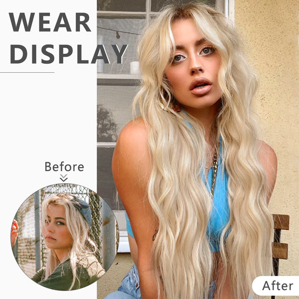 Qp hairMONIXI Synthetic Ash Blonde Hair Extension Long Wavy Hair Extensions Clip for Women Natural Dark Brown Heat Resistant Daily Hair