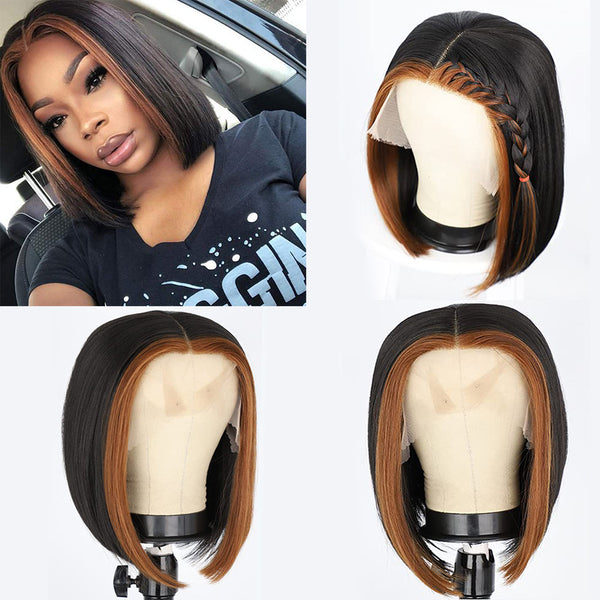 Qp hairMONIXI Synthetic Black Brown Synthetic Wig Short Straight T Part Lace wigs for Women Lace Wigs Middle Part Ombre Red Bob Wigs