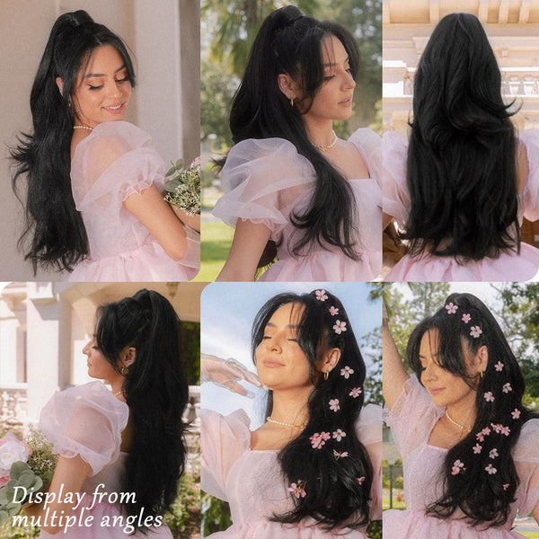 Qp hairMONIXI Synthetic Black Ponytail Extension Long Straight Clip in Hair Extensions with Swooped Ends Half up Half down Hair Clip