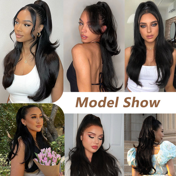 Qp hairMONIXI Synthetic Black Ponytail Extension Long Straight Clip in Hair Extensions with Swooped Ends Half up Half down Hair Clip