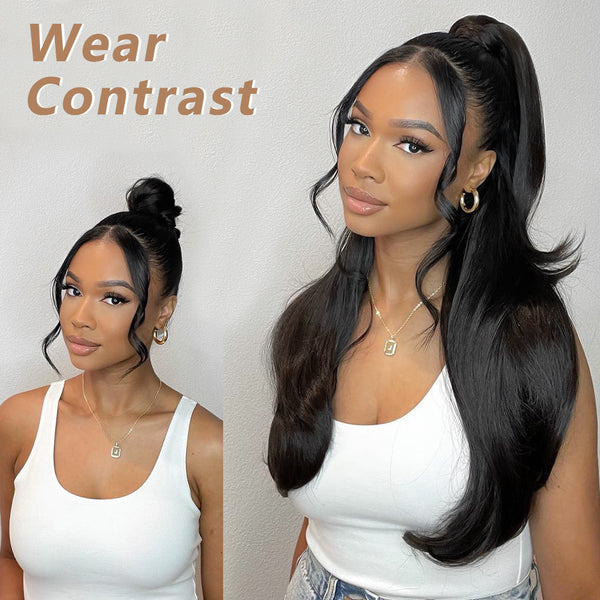 Qp hairMONIXI Synthetic Black Ponytail Extension Long Straight Clip in Hair Extensions with Swooped Ends Half up Half down Hair Clip