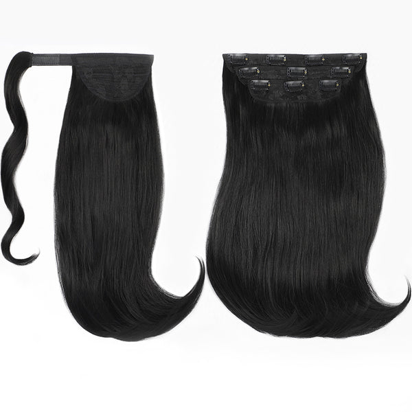 Qp hairMONIXI Synthetic Black Ponytail Extension Long Straight Clip in Hair Extensions with Swooped Ends Half up Half down Hair Clip