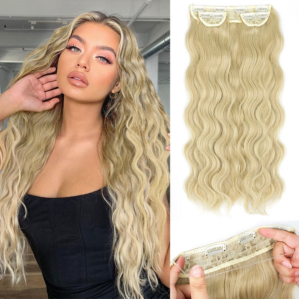 Qp hairMONIXI Synthetic Blonde Invisible Wire Hair Extensions Long Wavy Clip in Hair extensions for Women Natural Fish Line Daily Hair