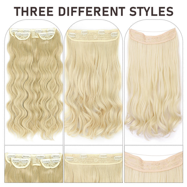 Qp hairMONIXI Synthetic Blonde Invisible Wire Hair Extensions Long Wavy Clip in Hair extensions for Women Natural Fish Line Daily Hair