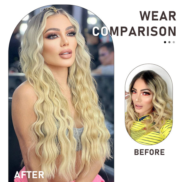Qp hairMONIXI Synthetic Blonde Invisible Wire Hair Extensions Long Wavy Clip in Hair extensions for Women Natural Fish Line Daily Hair