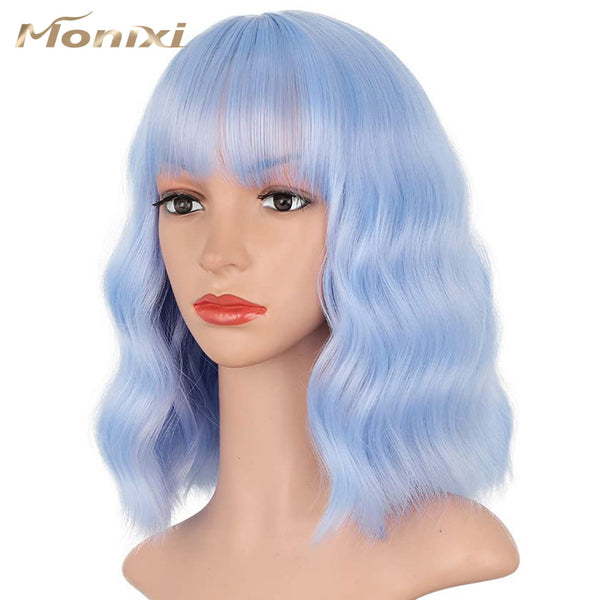 Qp hairMONIXI Synthetic Blue Wig Short Wavy Wig with Bangs for Women Natural Pink/Blonde/Red Hair Bob Wigs Heat Resistant Fiber Cosplay