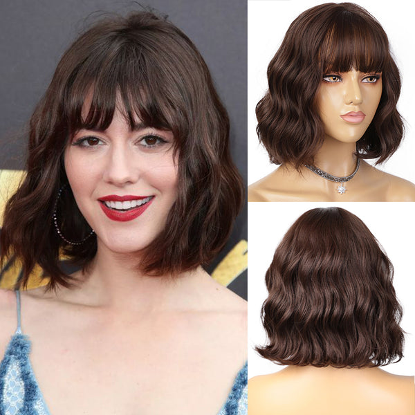 Qp hairMONIXI Synthetic Blue Wig Short Wavy Wig with Bangs for Women Natural Pink/Blonde/Red Hair Bob Wigs Heat Resistant Fiber Cosplay