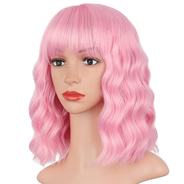 Qp hairMONIXI Synthetic Blue Wig Short Wavy Wig with Bangs for Women Natural Pink/Blonde/Red Hair Bob Wigs Heat Resistant Fiber Cosplay