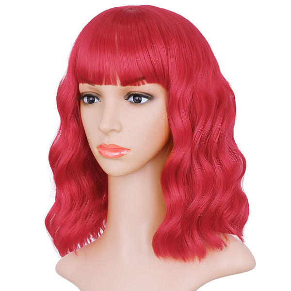 Qp hairMONIXI Synthetic Blue Wig Short Wavy Wig with Bangs for Women Natural Pink/Blonde/Red Hair Bob Wigs Heat Resistant Fiber Cosplay