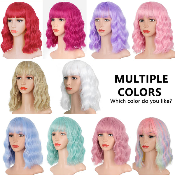 Qp hairMONIXI Synthetic Blue Wig Short Wavy Wig with Bangs for Women Natural Pink/Blonde/Red Hair Bob Wigs Heat Resistant Fiber Cosplay