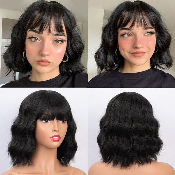 Qp hairMONIXI Synthetic Blue Wig Short Wavy Wig with Bangs for Women Natural Pink/Blonde/Red Hair Bob Wigs Heat Resistant Fiber Cosplay