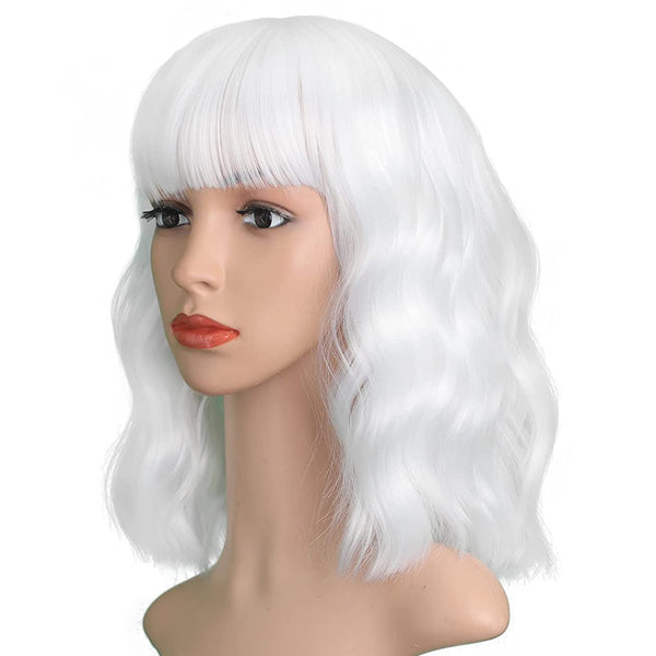 Qp hairMONIXI Synthetic Blue Wig Short Wavy Wig with Bangs for Women Natural Pink/Blonde/Red Hair Bob Wigs Heat Resistant Fiber Cosplay