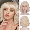 Qp hairMONIXI Synthetic Blue Wig Short Wavy Wig with Bangs for Women Natural Pink/Blonde/Red Hair Bob Wigs Heat Resistant Fiber Cosplay