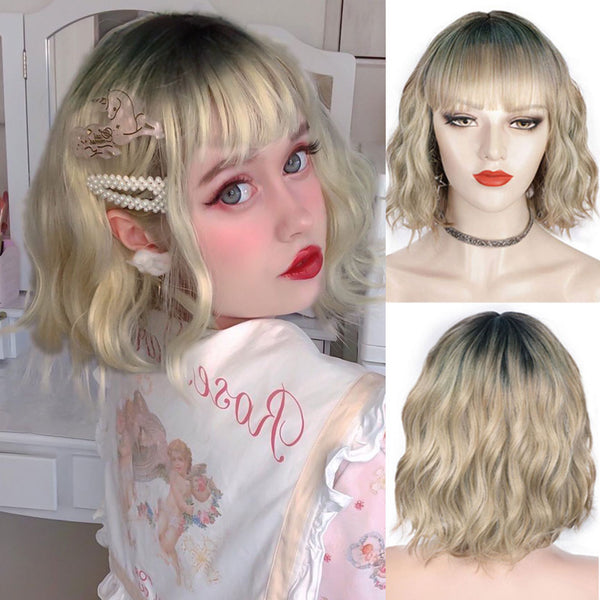 Qp hairMONIXI Synthetic Blue Wig Short Wavy Wig with Bangs for Women Natural Pink/Blonde/Red Hair Bob Wigs Heat Resistant Fiber Cosplay