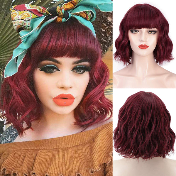 Qp hairMONIXI Synthetic Blue Wig Short Wavy Wig with Bangs for Women Natural Pink/Blonde/Red Hair Bob Wigs Heat Resistant Fiber Cosplay