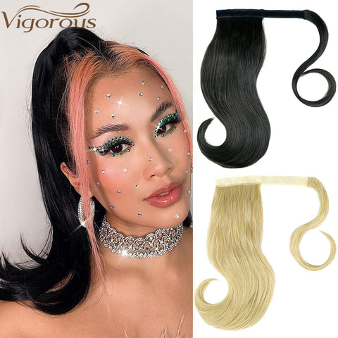 Qp hairMONIXI Synthetic Bounce Wrap around Ponytail Straight Hairpiece With Clip in Hair Extension Natural Black Blonde Ponytail