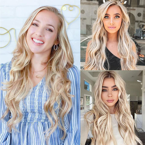 Qp hairMONIXI Synthetic Clip in Beach Wavy Hair Extensions Mix Blonde Synthetic Clip in Hair Extensions for Women Soft Glam Hairpieces