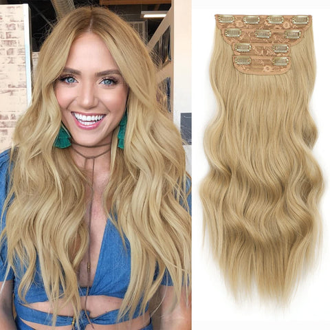 Qp hairMONIXI Synthetic Clip in Beach Wavy Hair Extensions Mix Blonde Synthetic Clip in Hair Extensions for Women Soft Glam Hairpieces