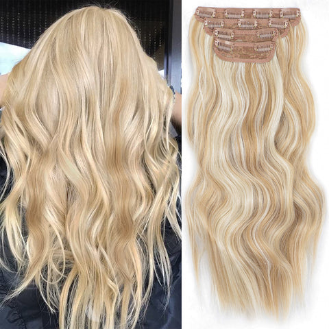 Qp hairMONIXI Synthetic Clip in Beach Wavy Hair Extensions Mix Blonde Synthetic Clip in Hair Extensions for Women Soft Glam Hairpieces