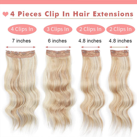 Qp hairMONIXI Synthetic Clip in Beach Wavy Hair Extensions Mix Blonde Synthetic Clip in Hair Extensions for Women Soft Glam Hairpieces