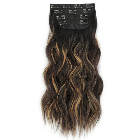 Qp hairMONIXI Synthetic Clip in Beach Wavy Hair Extensions Mix Blonde Synthetic Clip in Hair Extensions for Women Soft Glam Hairpieces