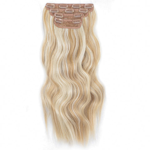 Qp hairMONIXI Synthetic Clip in Beach Wavy Hair Extensions Mix Blonde Synthetic Clip in Hair Extensions for Women Soft Glam Hairpieces