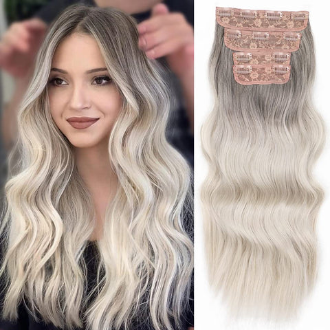 Qp hairMONIXI Synthetic Clip in Beach Wavy Hair Extensions Mix Blonde Synthetic Clip in Hair Extensions for Women Soft Glam Hairpieces