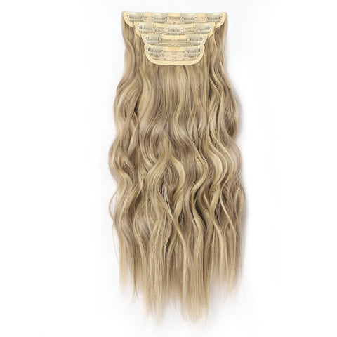 Qp hairMONIXI Synthetic Clip in Beach Wavy Hair Extensions Mix Blonde Synthetic Clip in Hair Extensions for Women Soft Glam Hairpieces
