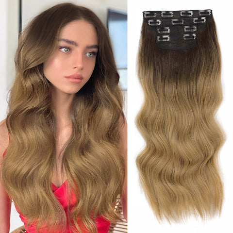 Qp hairMONIXI Synthetic Clip in Hair Extensiones Long Soft Glam Waves Thick Hairpieces Ombre Chocolate Brown to Honey Hair Extensions
