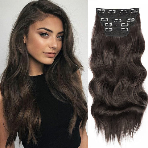 Qp hairMONIXI Synthetic Clip in Hair Extensiones Long Soft Glam Waves Thick Hairpieces Ombre Chocolate Brown to Honey Hair Extensions