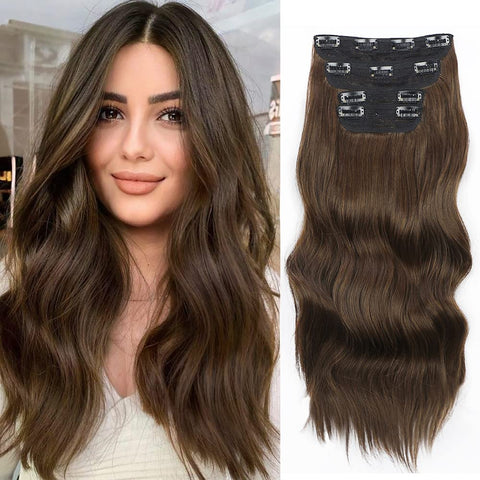 Qp hairMONIXI Synthetic Clip in Hair Extensiones Long Soft Glam Waves Thick Hairpieces Ombre Chocolate Brown to Honey Hair Extensions