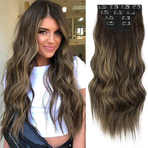 Qp hairMONIXI Synthetic Clip in Hair Extensiones Long Soft Glam Waves Thick Hairpieces Ombre Chocolate Brown to Honey Hair Extensions