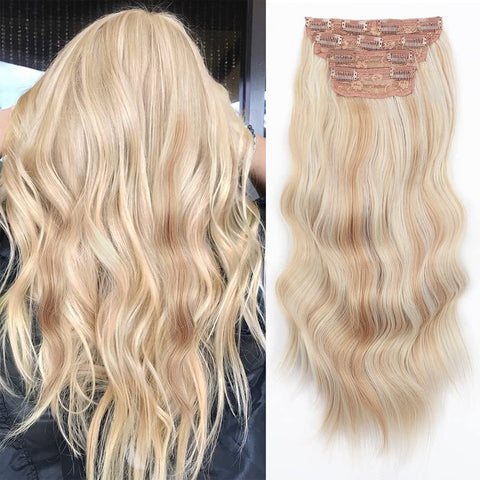 Qp hairMONIXI Synthetic Clip in Hair Extensiones Long Soft Glam Waves Thick Hairpieces Ombre Chocolate Brown to Honey Hair Extensions