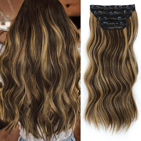 Qp hairMONIXI Synthetic Clip in Hair Extensiones Long Soft Glam Waves Thick Hairpieces Ombre Chocolate Brown to Honey Hair Extensions