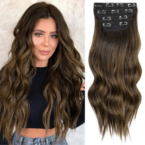 Qp hairMONIXI Synthetic Clip in Hair Extensiones Long Soft Glam Waves Thick Hairpieces Ombre Chocolate Brown to Honey Hair Extensions